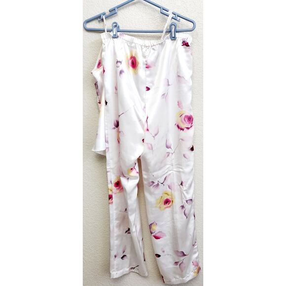 Avon White Pink Floral Print 2 Piece Satin Pajamas Medium Lightweight Soft - Picture 3 of 4